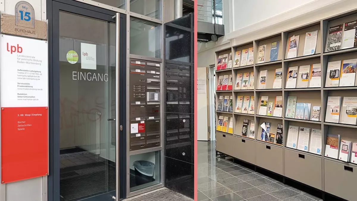 Außenstelle Ludwigsburg, Myliusstraße 15, 71638 Ludwigsburg. Der Eingang befindet sich in der Passage zwischen der Bäckerei Trölsch und dem Gebäude mit denticus und der Shop der Außenstelle Ludwigsburg, Innenansicht. Fotos: LpB