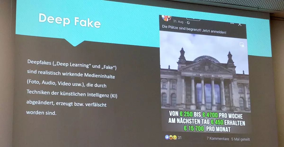 ZDF-Journalist Marcus Niehaves Folie über Deep Fake. Bilder mit KI generiertem Inhalt (Foto: LpB)