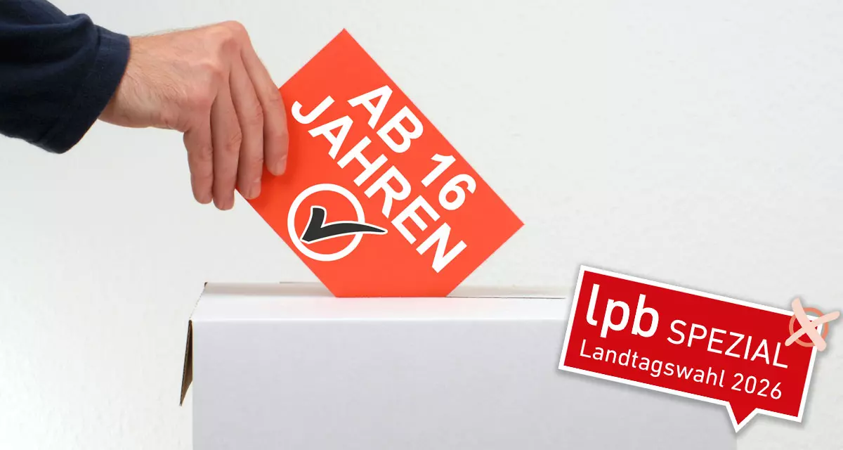 Wahlurne, Wahlschein ab 16 Jahren. Foto: AdobeStock und Logo LpB Spezial Landtagswahl 2026